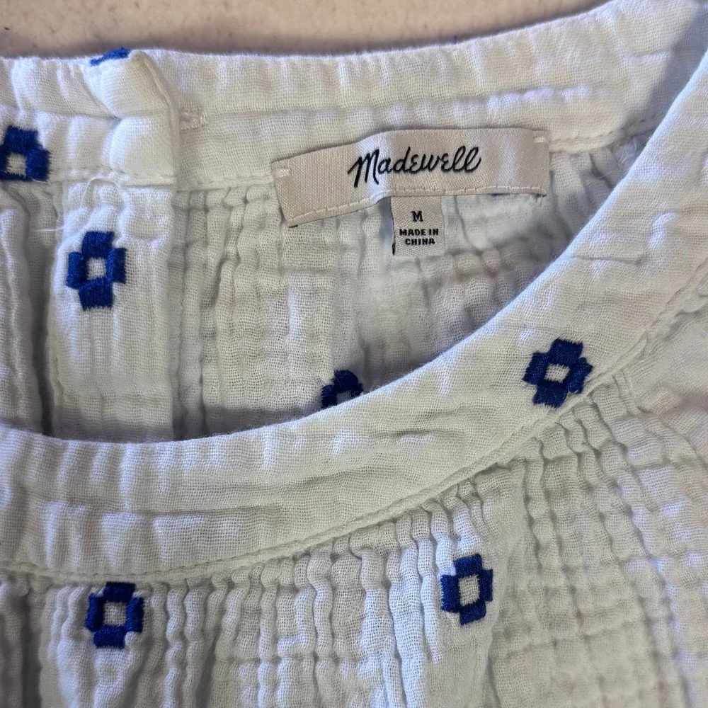 Madewell White Blue Embroidered Double Gauze Button Back Puff Sleeve Top M